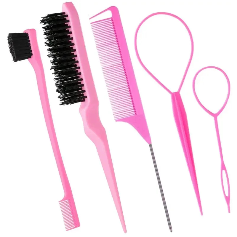 Group Head Brush - 5個入りヘアスタイリングコームセット、先のとがったテールコーム、デュアルヘッド眉毛ブラシ＆トリプルローヘアコイラー、サロンスタイリングツール